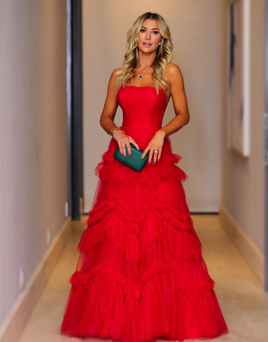 Red A-Line Strapless Ruffled Tulle Evening Dress