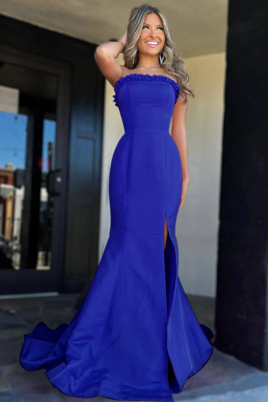 Strapless Maganta Ruffle Mermaid Sheath Slit Long Prom Dress