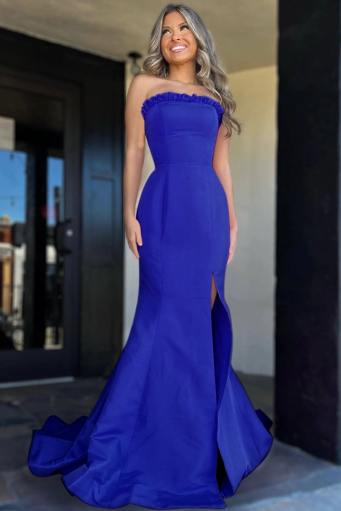 Strapless Maganta Ruffle Mermaid Sheath Slit Long Prom Dress