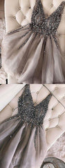 Gray Sequins Beaded Tulle V-neck Short Prom Dresses Homecoming Dresses