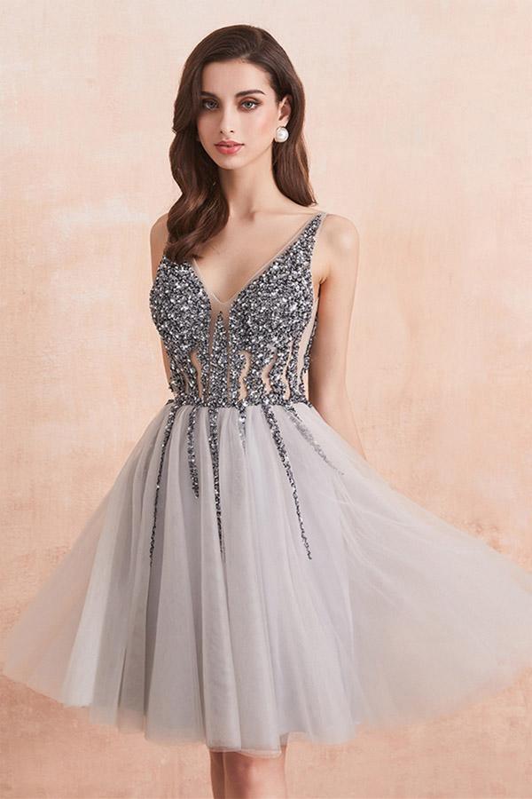 Gray Sequins Beaded Tulle V-neck Short Prom Dresses Homecoming Dresses