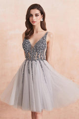 Gray Sequins Beaded Tulle V-neck Short Prom Dresses Homecoming Dresses