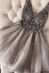 Gray Sequins Beaded Tulle V-neck Short Prom Dresses Homecoming Dresses