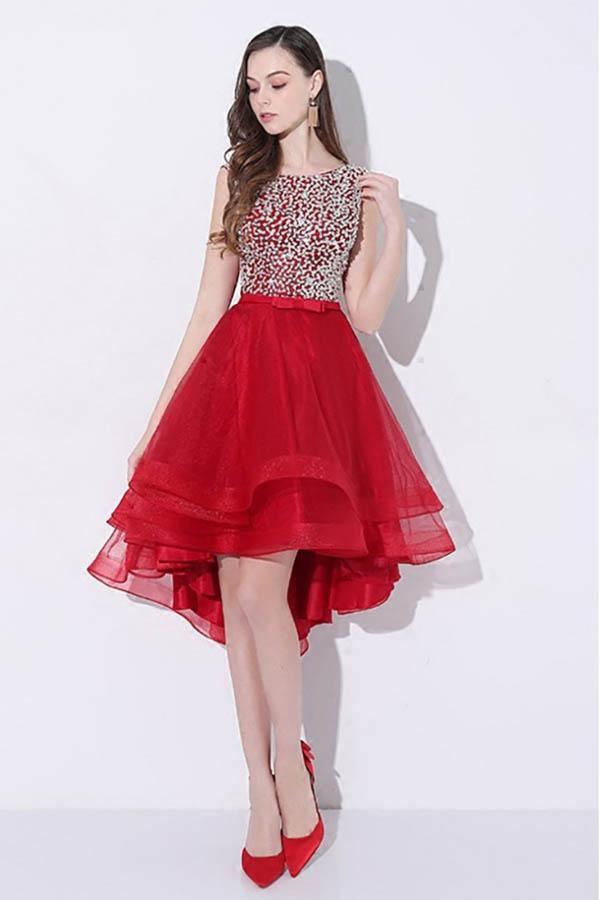 Red High Low Sequins Prom Homecoming Dress with Open Back