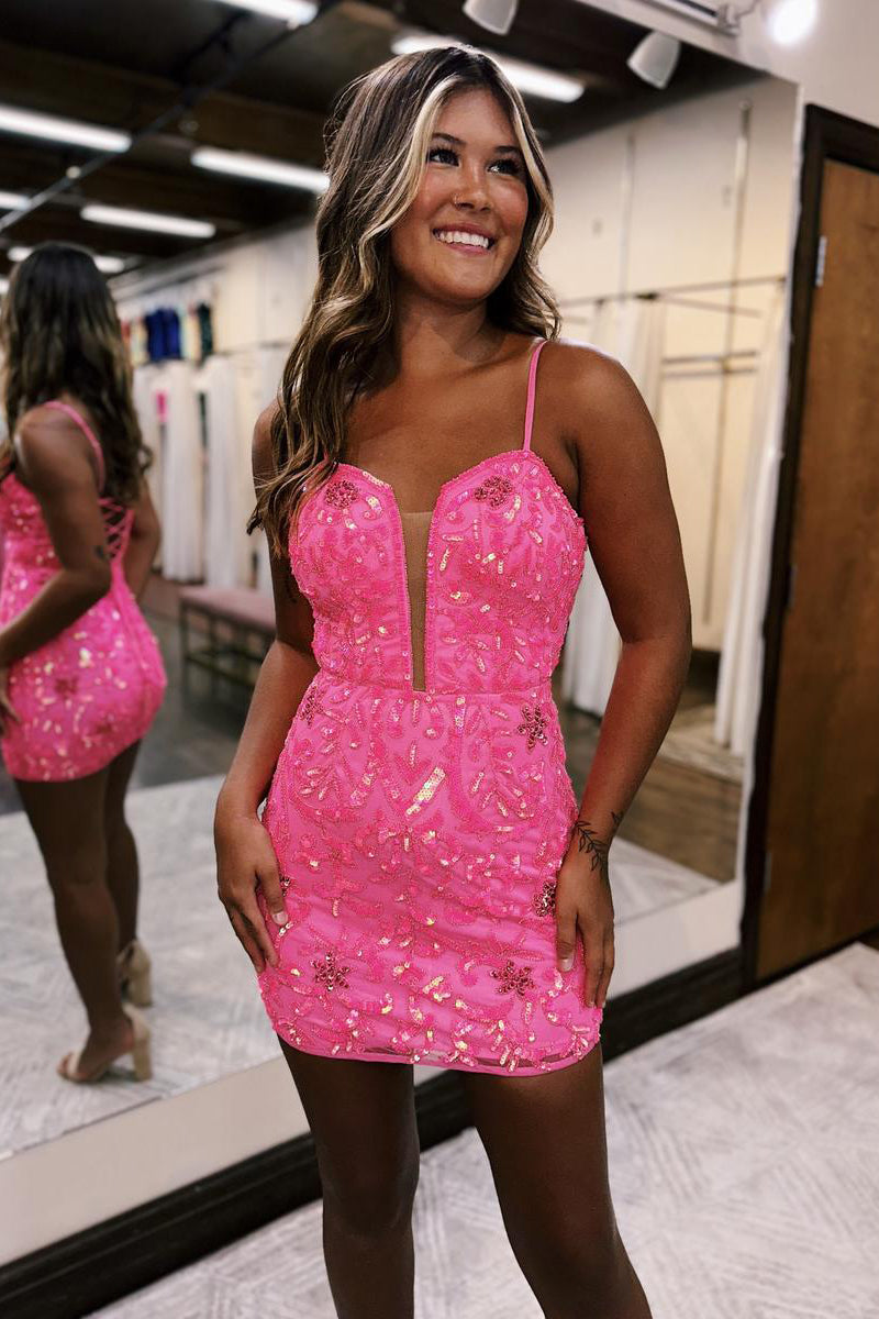 Sexy Deep V neck Bodycorn/Column Cute Pink Short Homecoming Dress