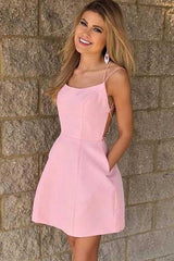 Sexy Spaghetti Straps Short Pink Homecoming Dress with Pockets