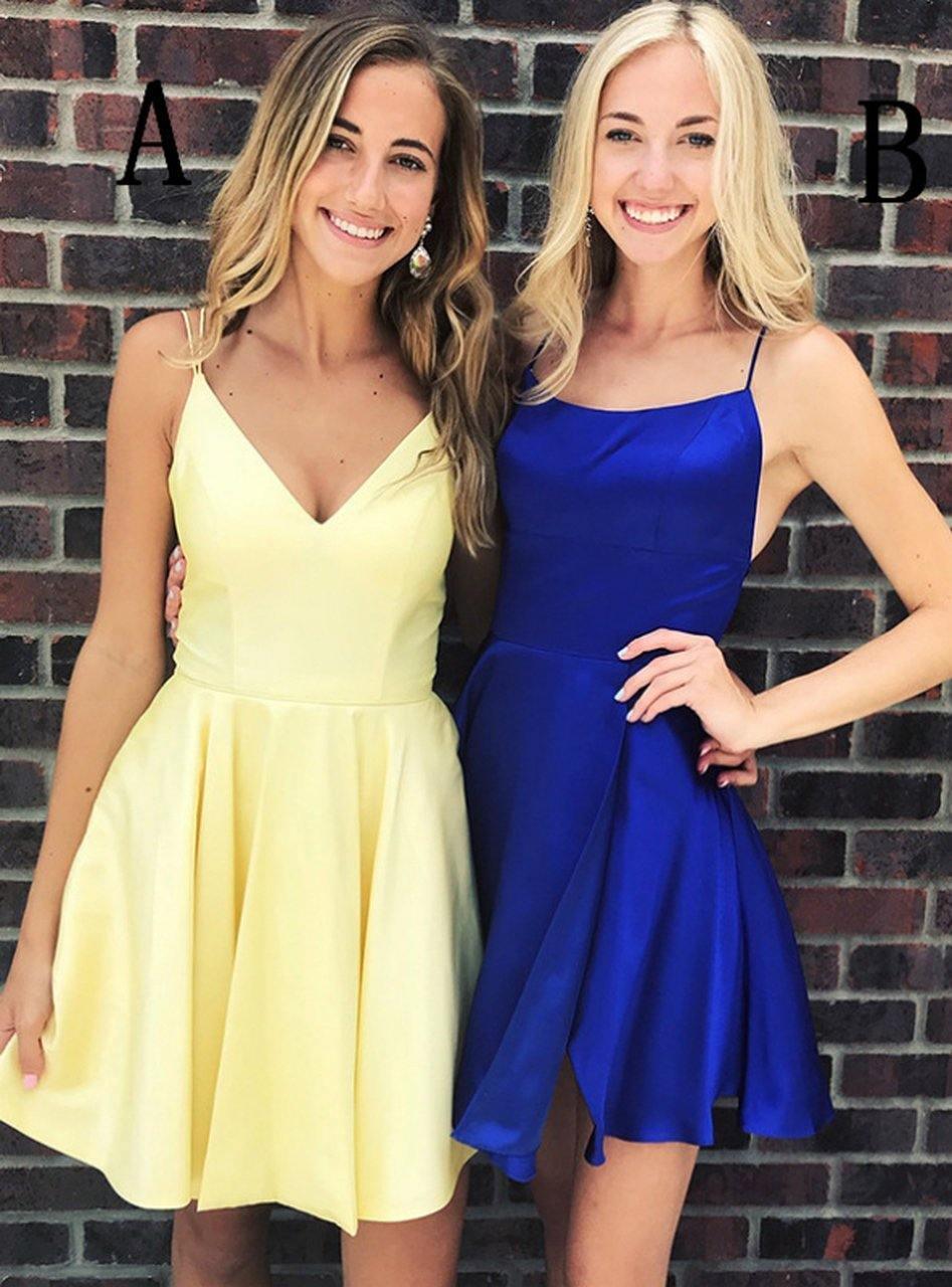 Simple Spaghetti Strap Yellow/Royal Blue Short Homecoming Dress