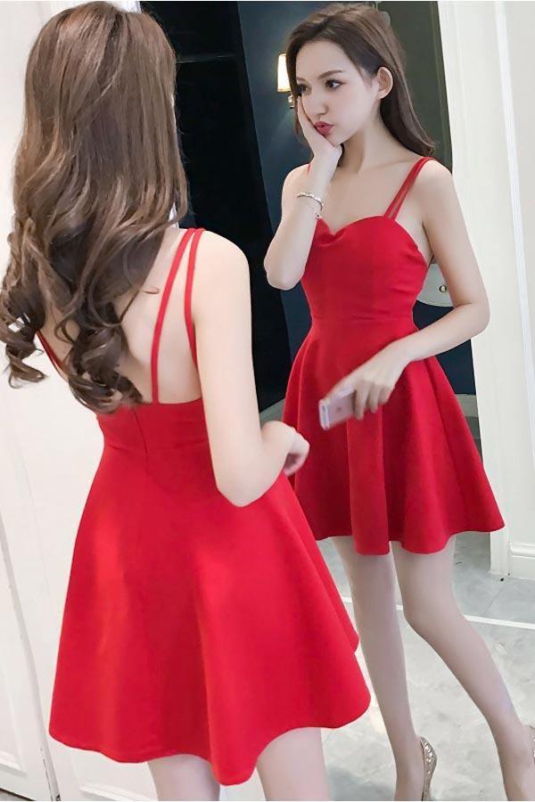 Simple Straps Sweetheart Red Satin Homecoming Dress Party Dress