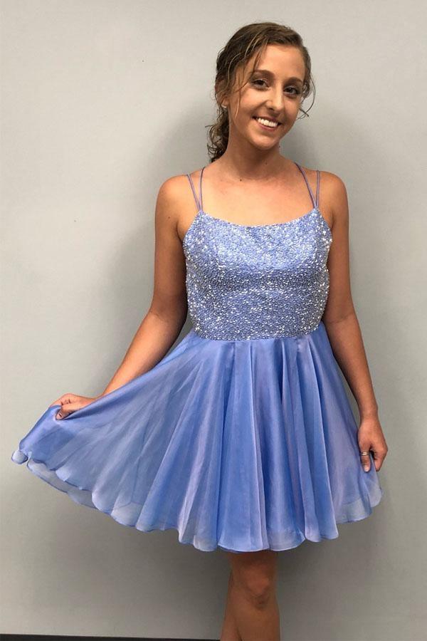 Sparkling Beaded Blue Short Prom Dress Homecoming Dress