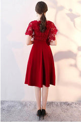 Tea Length Lace Sleeve Homecoming Dress Wedding Party Dress with Sash