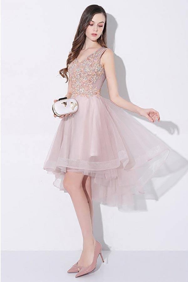 Sleeveless V-neck Tulle High Low Homecoming Prom Dress