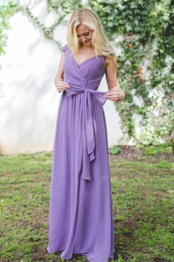 Purple Cap Sleeves Lace-Up Long Chiffon Bridesmaid Dress, V-Neck