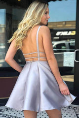 V-Neck Silver Satin Homecoming Dress Sexy Backless Short Prom Dress