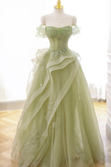 Green Tulle Lace Long Prom Dress with Corset, Green Formal Party Dress